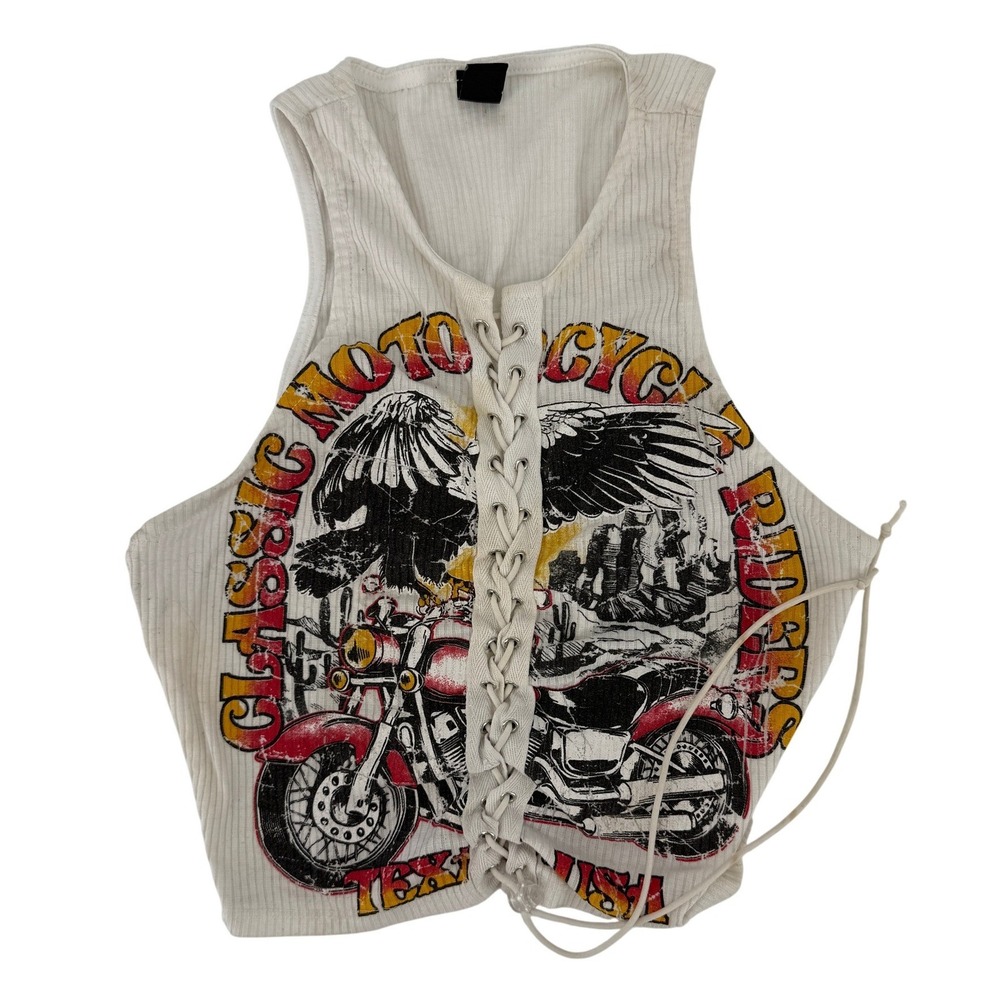 Windsor White Ribbed Lace Up Front Graphic Crop Top Classic Motorcycle Riders L